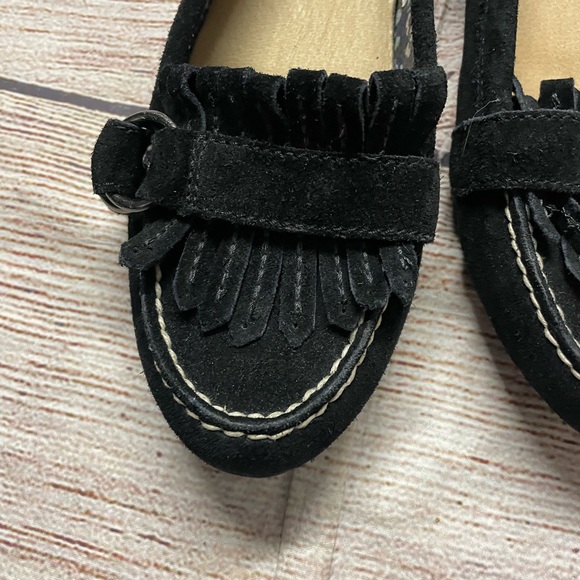New Sperry Black suede slip on Shoes fringe on front buckles on side SZ 8 - Picture 3 of 7